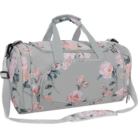 Gray Floral Print Sports Travel Tote Weekender Duffle Gym‎ Bag Crossbody Purse
